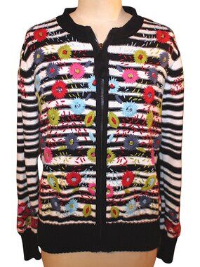 Acorn Heavy Floral Embroidered Striped Zip-Up Cardigan Sweater